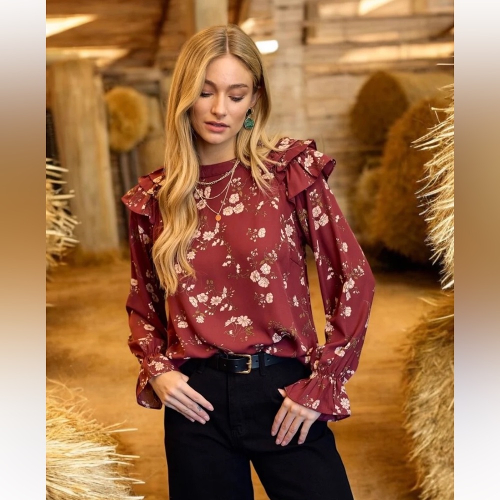 Doe & Rae Burgundy Floral Blouse with Ruffle Sleeves